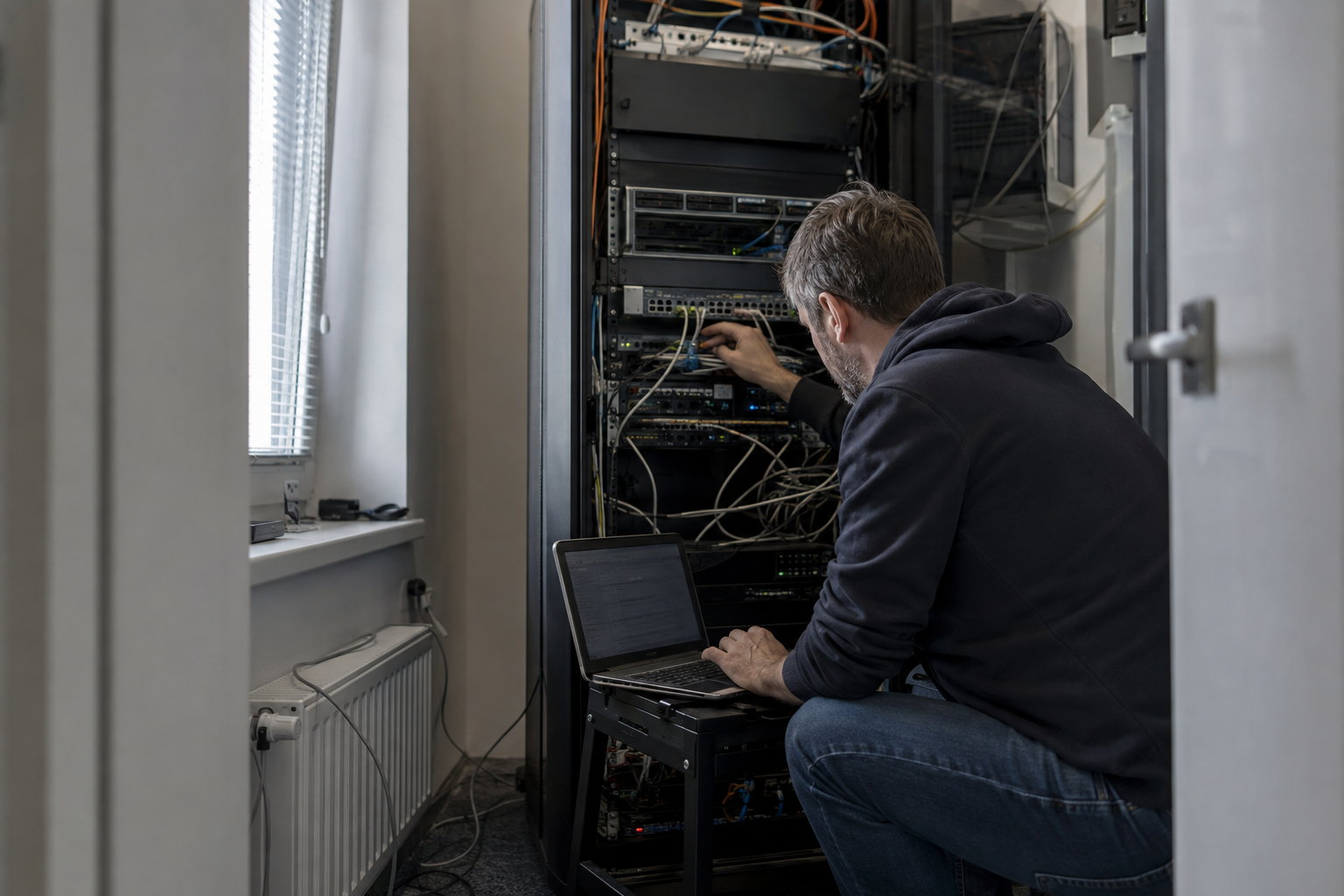 Technik kontroluje firemní serverovou infrastrukturu